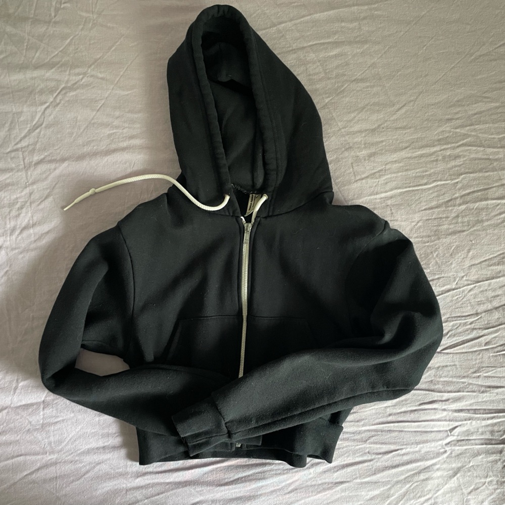 American Apparel Black Hooded Zip-Up Sweatshirt with White Drawstring